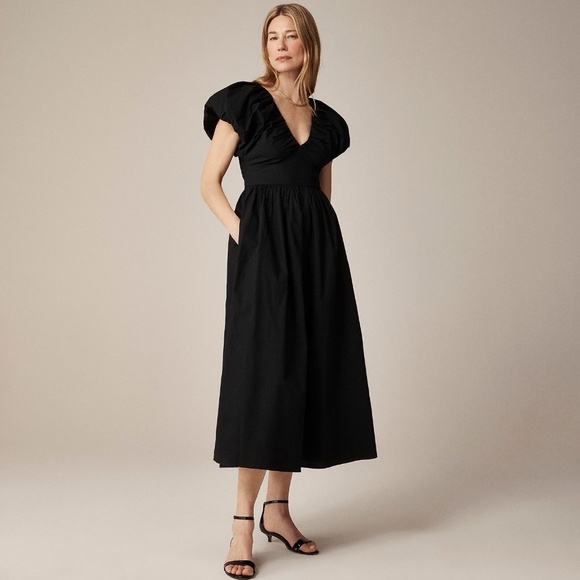 NWT!! J. CREW Collection Cecily Dress Cotton Poplin Black Midi Puffed Sleeves 10 - Picture 1 of 15